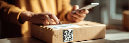 Courier uses smartphone to scan QR code on a package at a delivery site, ensuring confirmation of successful delivery during the dayの素材