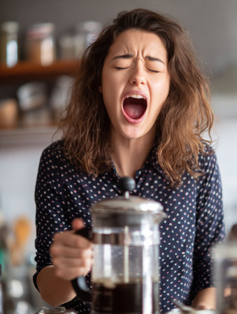 A woman yawns and pours coffee from a French press, bright light pouring in from above, capturing the essence of a slow morning routine.の素材
