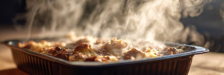 Close-up view highlights steam rising from a heated frozen dinner, showcasing its vibrant colors and textures as it rests on a wooden tableの素材