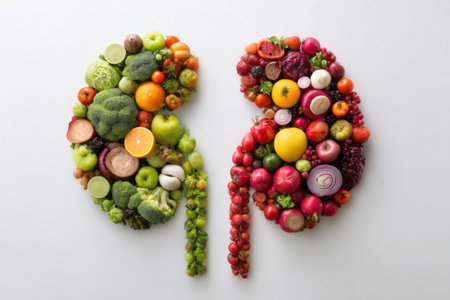 A vibrant kidney formation crafted from various fresh fruits and vegetables is displayed on a bright white surface, illuminated by soft natural light.の素材