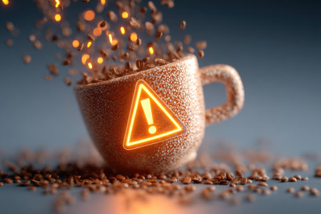 A coffee mug overflows with coffee, surrounded by jitter lines and glowing warning lights, evoking a sense of urgency and creativity in the atmosphere.の素材