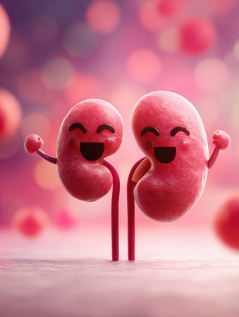 Two animated kidneys with happy expressions flex muscles and smile, bringing joy in a vibrant background filled with soft colors and a clear central areaの素材
