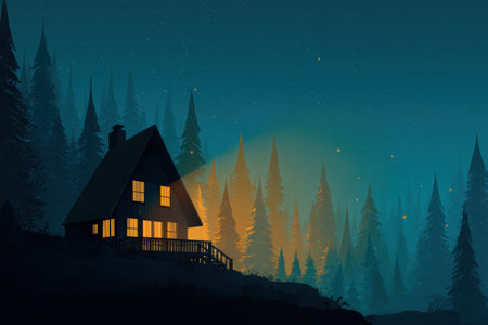 A cozy cabin stands in a tranquil forest at dusk, glowing warm lights from its windows, surrounded by towering trees and a starry sky above.の素材