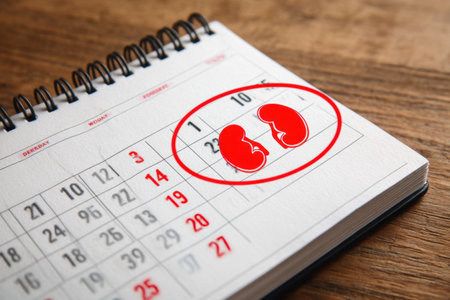 A calendar marks kidney awareness month with the kidney symbol prominently circled, indicating a day for events and education on kidney health.の素材