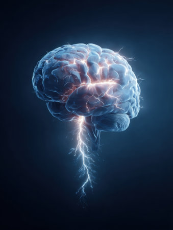 A brain animation showcases the intensity of thoughts with a lightning bolt, gradually shifting to a serene state in the upper zone, creating a visual contrast.の素材