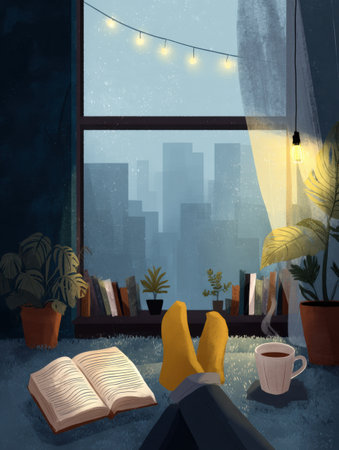 Cozy evening features a person reclining with books and tea near a window, illuminated by soft lights, providing a serene urban backdrop filled with plants.の素材