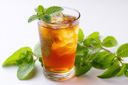 Iced decaf tea with mint leaves offers a refreshing drink option surrounded by vibrant green leaves, perfect for a warm day and moments of relaxation.の素材