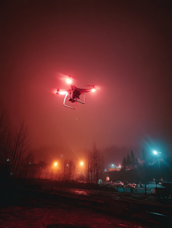 A drone navigates through foggy skies at night, utilizing bright red lights to guide its delivery route in an urban landscape.の素材