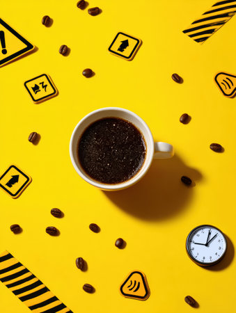 A bright yellow backdrop with a coffee cup, warning signs, clock icons, and scattered coffee beans conveys urgency and alertness.の素材