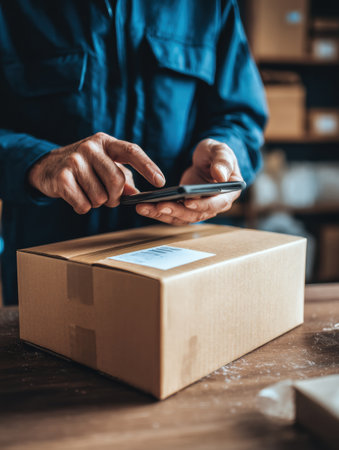Individual uses smartphone to scan a parcel in a shipping area filled with boxes, highlighting a focus on efficiency and organization in logistics.の素材