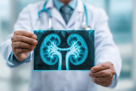 Doctor displays a kidney X-ray to the viewer, showing detailed images of renal structures in a bright clinical environment.の素材