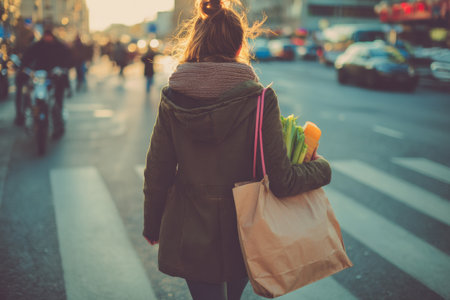 In a bustling city, a young woman strolls down a crosswalk holding a paper grocery bag filled with fresh produce as warm light casts a soft glow.の素材