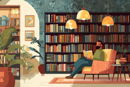 A reader enjoys a book in a comfortable armchair within a bookstore, surrounded by shelves filled with various books and indoor plantsの素材