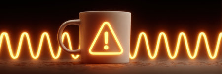 A coffee mug overflows with liquid while warning lights and jitter lines enhance the visual tension, creating a striking and dynamic composition.の素材