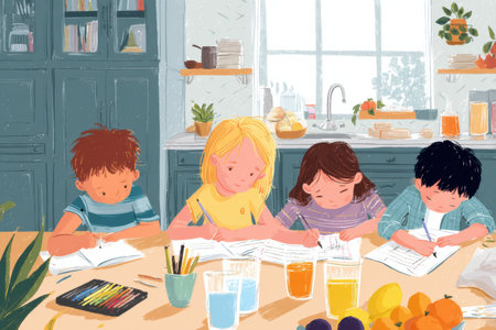 Four children are happily engaged in drawing at a kitchen table on a sunny weekend morning, surrounded by fruits and colorful art supplies.の素材