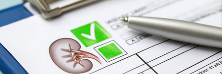 Clean medical report displaying positive kidney test results highlighted with a green checkmark, conveying health and wellness information clearly.の素材