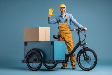 A smiling courier in a blue shirt and yellow overalls waves from a cargo bike, showcasing a large delivery box against a bright blue backdrop.の素材