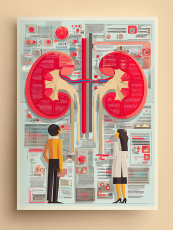 Flat poster displays colorful kidney graphics alongside important risk factors, aimed at educating viewers about kidney health and preventive measures.の素材