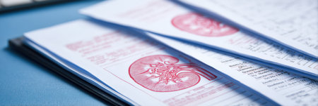 Set of medical documents presenting kidney function results, organized clearly for evaluation and analysis of patient health status over time.の素材