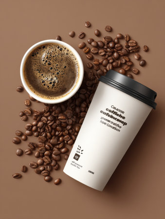 Digital ad mockup highlights caffeine awareness, showcasing a cup of coffee beside scattered coffee beans on a clean surface.の素材
