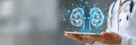 Medical professional demonstrates a kidney diagram on a tablet, enhancing understanding of renal anatomy and function in a clinical environment.の素材