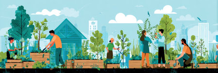 People engage in urban gardening on a rooftop, planting herbs and tending to plants, creating a vibrant green space amid a lively city skyline.の素材