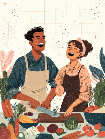 Two individuals share laughter while preparing a meal together, surrounded by an array of fresh vegetables and herbs in a cheerful kitchen atmosphere.の素材