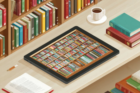 A tablet displaying an organized e-book library is placed on a wooden table, accompanied by a coffee cup and surrounded by neatly arranged books.の素材