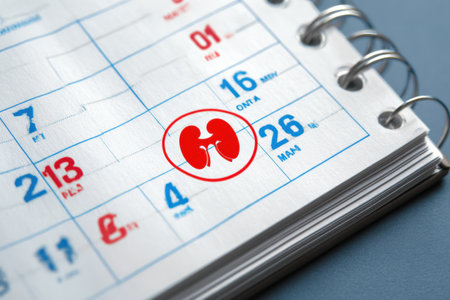 A May calendar page highlights Kidney Awareness Month, encouraging community participation in health awareness events.の素材