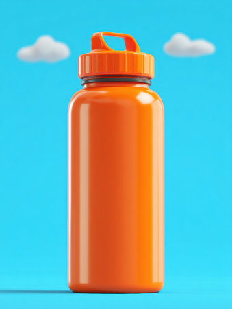 A vibrant orange bottle stands tall with its cap securely locked, set against a bright blue sky decorated with fluffy white clouds.の素材