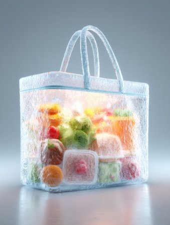 A translucent icy shopping bag overflows with frozen meals, showcasing colorful fruits and dishes while bright light enhances the chill effect.の素材