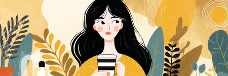 artwork promotes mindful caffeine consumption with a woman savoring her drink amidst vibrant plants and warm colors in a serene setting.の素材