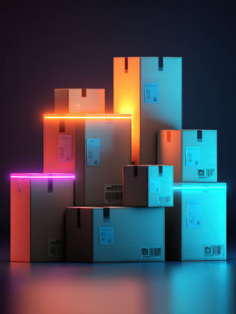 A variety of packages with glowing labels are arranged in an artistic stack, showcasing vibrant colors in a contemporary environment during evening hours.の素材