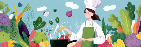 A chef demonstrates cooking techniques with fresh vegetables in an interactive class setting, encouraging participation and creativity from all attendees.の素材