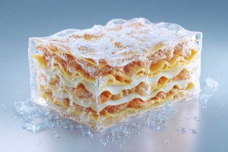This frozen lasagna distinct layers of pasta interspersed with filling, all encased in a frosty texture that enhances its visual appeal.の素材