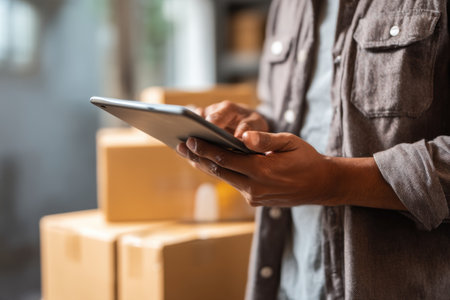 Customer checks delivery confirmation on a tablet, surrounded by cardboard boxes in a well-lit warehouse during business hours.の素材