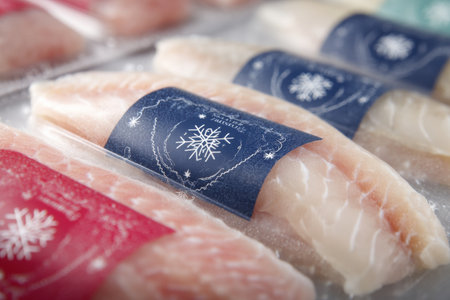 Frozen fish fillets are displayed in clean packaging with snowflake symbols and freshness seals, emphasizing their quality and convenience for meal preparation.の素材