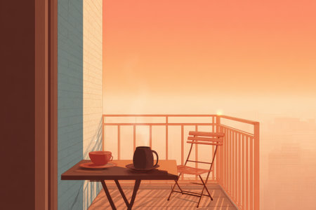 Enjoying tranquil moments during a quiet sunrise on the balcony with hot tea, creating a perfect start to the day in a serene atmosphere.の素材