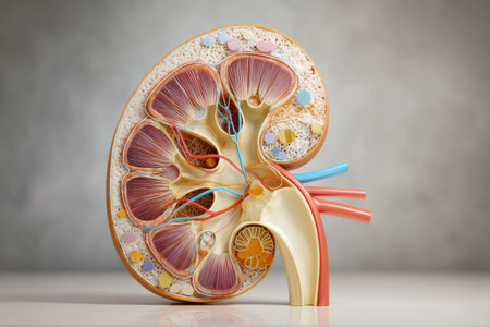 Cross-section diagram illustrating the anatomy of a kidney, highlighting renal structures, blood vessels, and key functional elements for learning.の素材