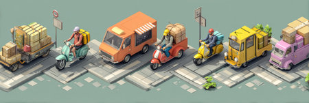 Colorful couriers scooter transport packages on bikes, and vans along a busy street, highlighting the dynamic energy of urban deliveries in a vibrant settingの素材