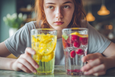 A teenager thoughtfully considers two drink options a vibrant soda and refreshing fruit-infused water, surrounded by a bright and airy cafe atmosphere.の素材