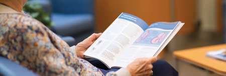 Patient reads a kidney health brochure in the waiting area, promoting awareness and resources for kidney disease.の素材