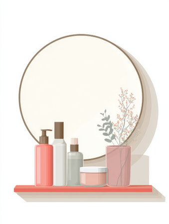 Illustration reveals a minimalist skincare routine with various bottles and a mirror placed on a shelf. Soft colors create a calm and inviting atmosphere.の素材