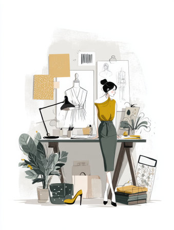 Fashion designer stands in a clean workspace surrounded by sketches, plants, and design materials during daylight, focused on creativity and innovation.の素材