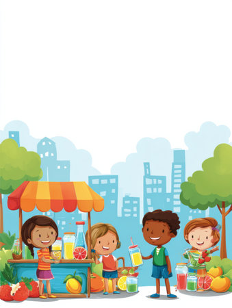 Joyful children serve refreshing lemonade at a neighborhood lemonade stand on a sunny day, surrounded by vibrant city buildings and greenery.の素材