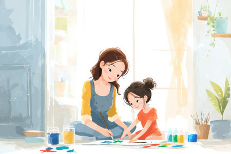 A mother and daughter joyfully paint together on a clean surface in a warm, sunny room with sunlight streaming through the windows, surrounded by art supplies.の素材