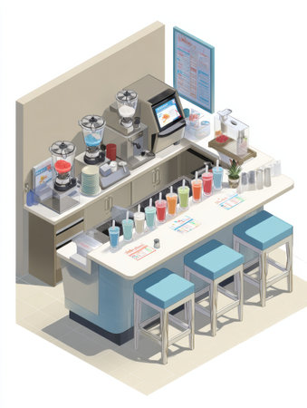 Bright tropical smoothie bar features a variety of colorful drinks at a sleek counter, ideal for refreshing beverages in a vibrant setting by the beach.の素材