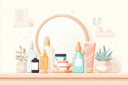 Illustration captures a serene skincare routine layout with various bottles and a mirror, elegantly complementing the plants for a fresh ambiance.の素材