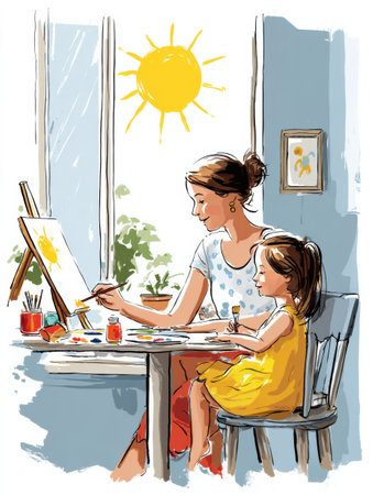 Bright sunlight fills the room as a mother and daughter bond over painting together, sharing a delightful artistic moment at a table.の素材