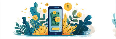 A smartphone shows currency symbols and cash among vibrant plants, symbolizing mobile banking innovation and digital finance.の素材